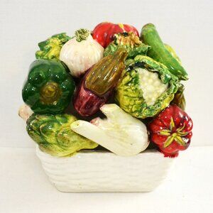 Vintage Majolica Assortment Of Vegetables In Rectangular Basket Made In Italy